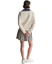 Bcbg Women's Long-Sleeve Collared V-Neck Denim Trim Sweater