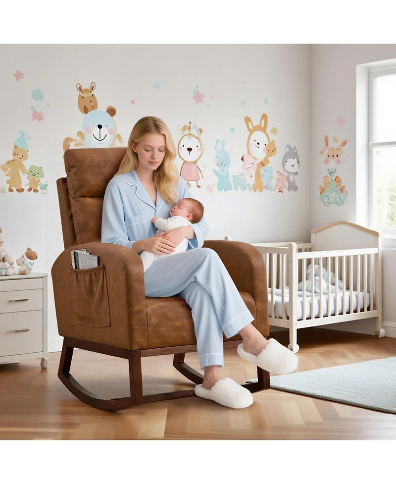 homfan Modern Hospitality Rocking Chair – Teddy Upholstery, High Back ,Armrest ,Wingback, Side Pockets Rubber Wood Legs for Restaurant or Office