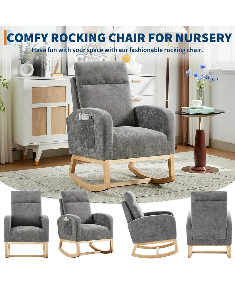 homfan Modern Hospitality Rocking Chair – Teddy Upholstery, High Back ,Armrest ,Wingback, Side Pockets Rubber Wood Legs for Restaurant or Office