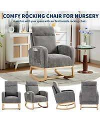 homfan Modern Hospitality Rocking Chair – Teddy Upholstery, High Back ,Armrest ,Wingback, Side Pockets Rubber Wood Legs for Restaurant or Office