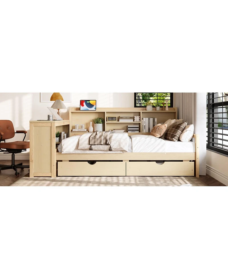 Streamdale Furniture Twin Corner Daybed With Storage, Desk, Charging, Bookcase