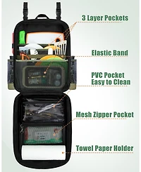 Piscifun Hanging Camping Kitchen Organizer Bag With Paper Towel Holder Multi Pockets For Outdoor Cooking Barbecue