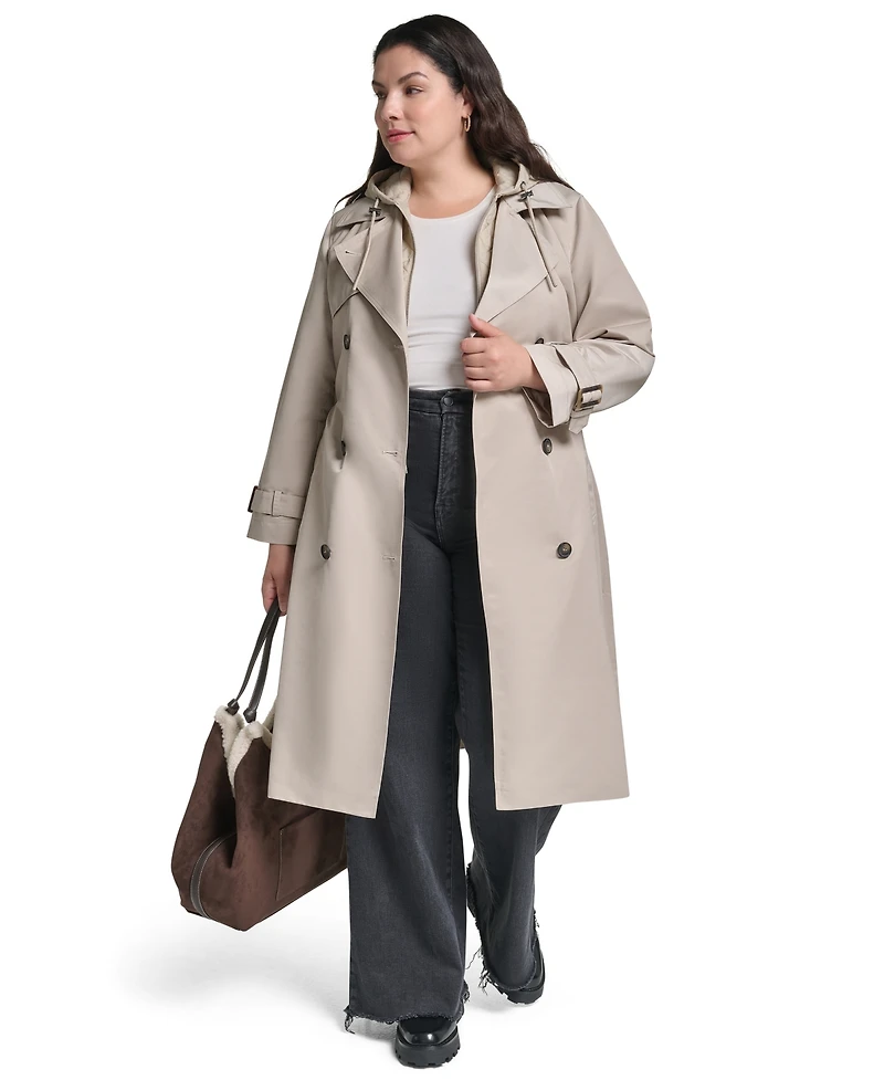 Dkny Women's Double Breasted Belted Trench with Hooded Bib Coat