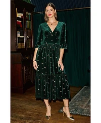 Yumi Women's Velvet Embroidered V-Neck Midi Dress