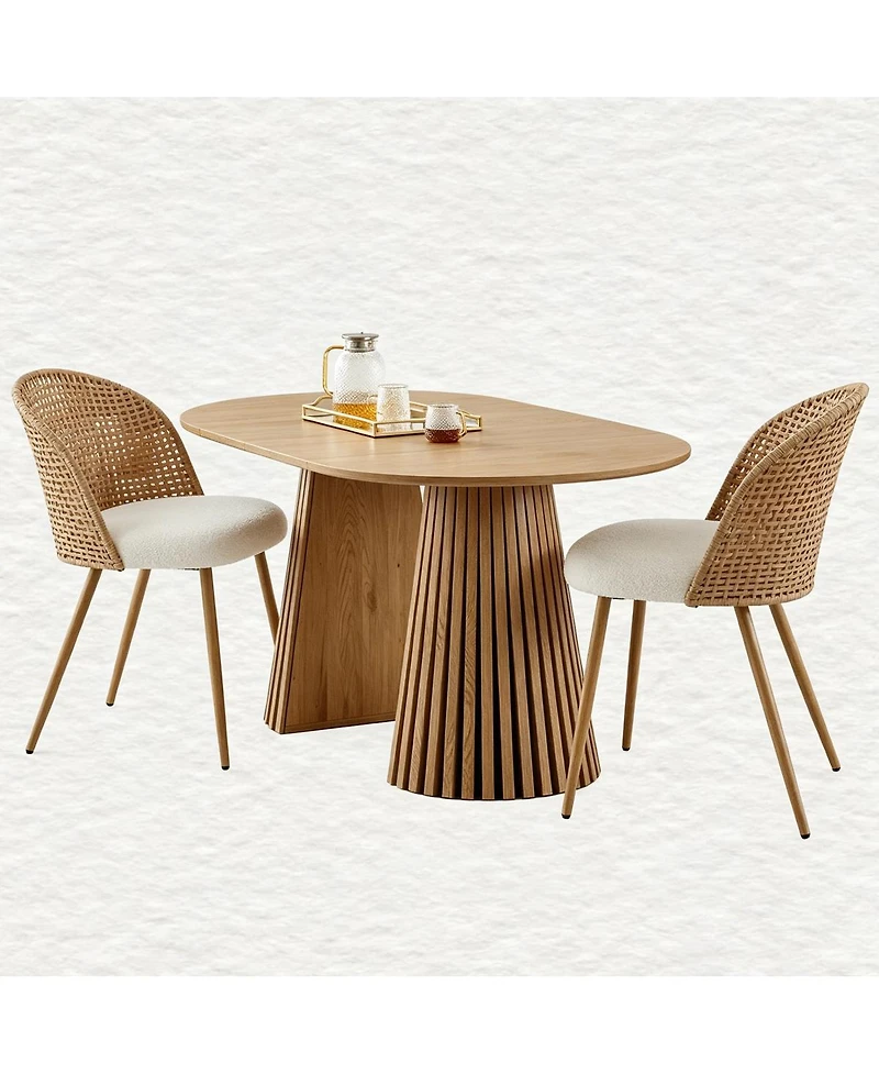 Streamdale Furniture Bohemian Solid Wood Dining Table with 2 Wicker Chairs and Cushions