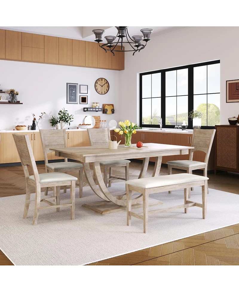 Streamdale Furniture 6-Piece Wood Half Round Dining Table Set with Bench and 4 Chairs Seadrift