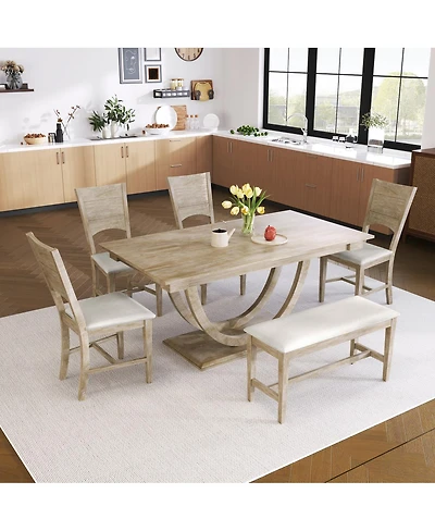 Streamdale Furniture 6-Piece Wood Half Round Dining Table Set with Bench and 4 Chairs Seadrift