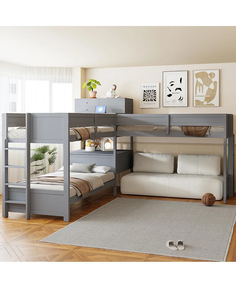 Streamdale Furniture L-Shaped Twin Bunk Bed With Desk, Drawers, Usb/Power