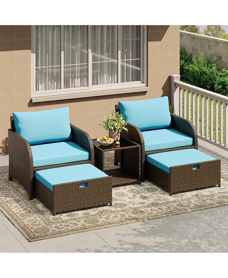 homfan Patio Furniture Set Pe Rattan Wicker Outdoor Seating Set with Ottomans and Glass Tabletop All Weather Conversation Furniture for Garden