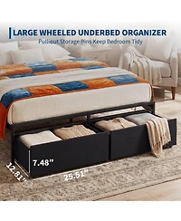 homfan Upholstered Metal Platform Bed Frame with Charging Station Headboard & 2 Rolling Under Storage Drawers
