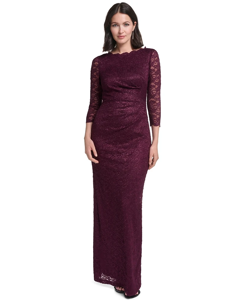 Jessica Howard Petite 3/4-Sleeve Boat Neck Lace Gown