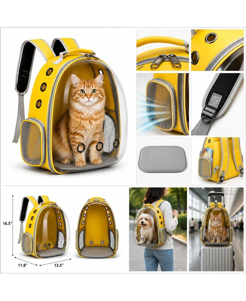 ProMounts Pet Carrier Backpack for Cats & Small Dogs, Airline-Friendly Bubble Carrier with Mesh Ventilation & Safety Leash | Yellow