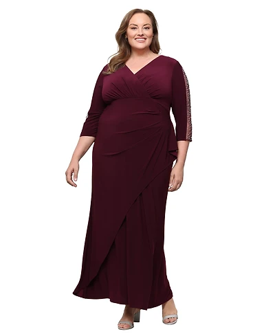 Sl Fashions Plus V-Neck Long-Sleeve Embellished Gown