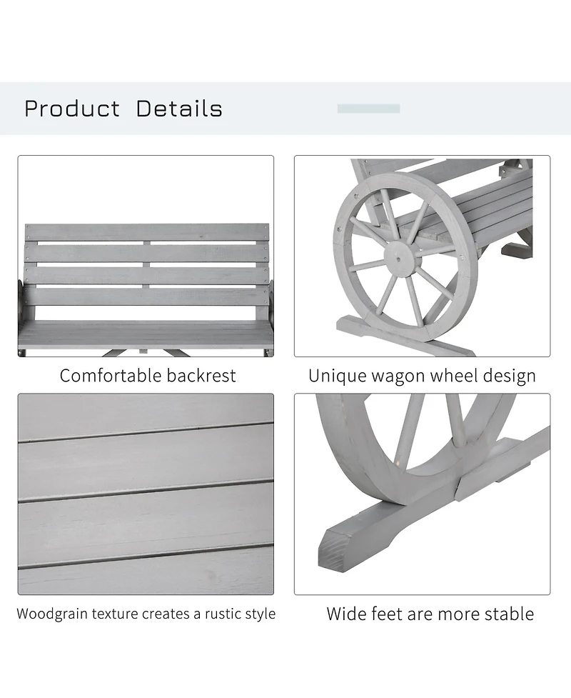 Outsunny Wooden Wagon Wheel Bench, Rustic Outdoor Patio Furniture, 2-Person Seat Bench with Backrest, Light Grey
