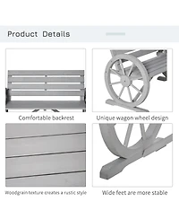 Outsunny Wooden Wagon Wheel Bench, Rustic Outdoor Patio Furniture, 2-Person Seat Bench with Backrest, Light Grey