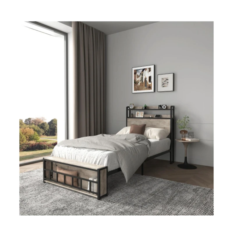 Lucky One Twin Size Bed Frame with Headboard, Rgb Led Lights, Usb Charging Station, Storage, No Box Spring Needed, Easy Assembly
