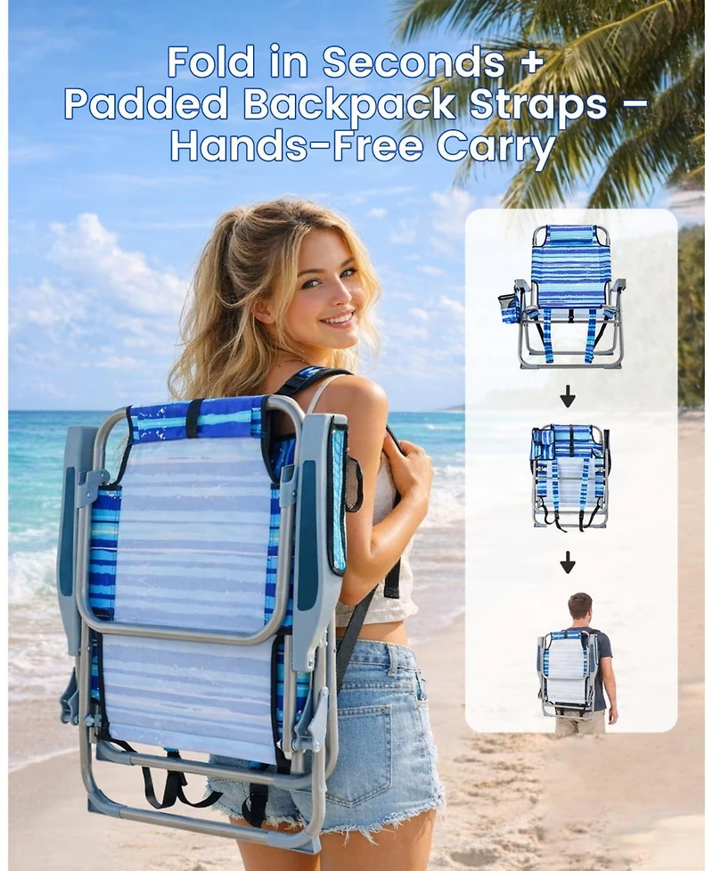 Aofar Beach Chair Lay Flat Reclining Towel Bar Pouch Cup Holder