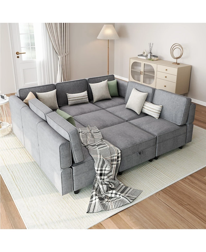 homfan 139.4 inches Chenille Reversible Sectional Sofa, 9-Seater Modular, Comfy Sleeper with Chaise, U-Shape Couch with Storage Seats and Ottomans