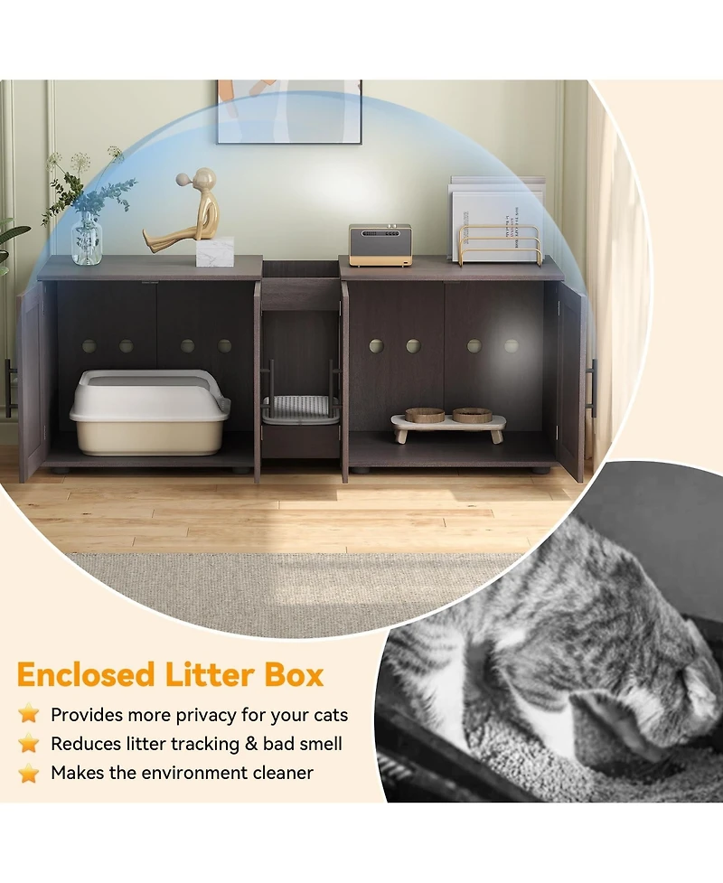 homfan Double Cat Litter Box Enclosure Furniture for 2 Cats, Hidden Wooden Cabinet with Dual Rooms, Barn Doors, Storage and Waterproof Surface