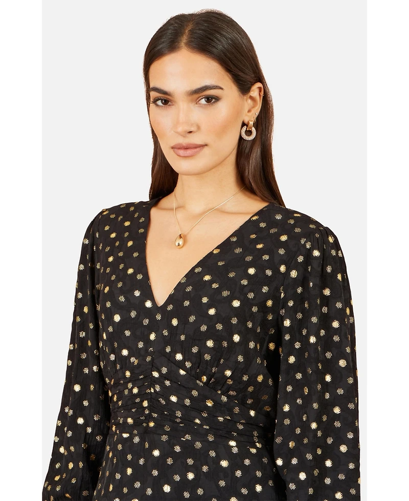 Yumi Women's Long Sleeve Foil Print Midi Dress