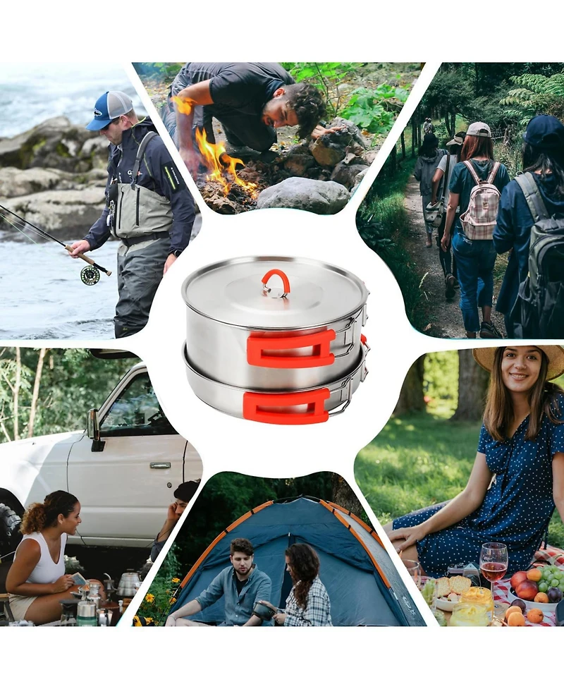 Piscifun 4 Piece 304 Stainless Steel Camping Cookware Set With Frying Pan Pot Kettle And Mesh Bag For Hiking Travel