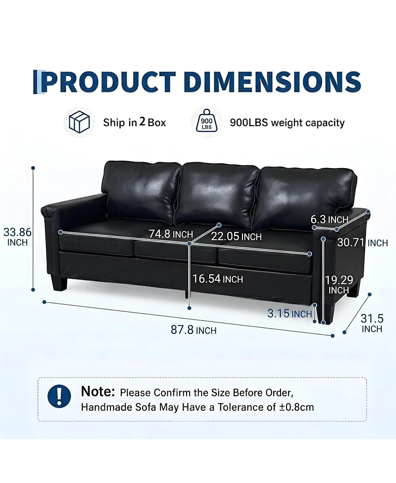 homfan 87.8 inch 3 Seater, Modern Faux Leather with 22 Deep Seat, Wide Square Arms, Firm Cushions, Heavy Duty Frame, Easy to Clean for Apartment