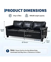 homfan 87.8 inch 3 Seater, Modern Faux Leather with 22 Deep Seat, Wide Square Arms, Firm Cushions, Heavy Duty Frame, Easy to Clean for Apartment