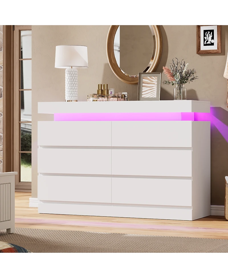 gaomon 6 Drawer Dresser for Bedroom, 47" Wide Chest of Drawers with Led Light and Charging Station, For Living Room, Entryway, Hallway