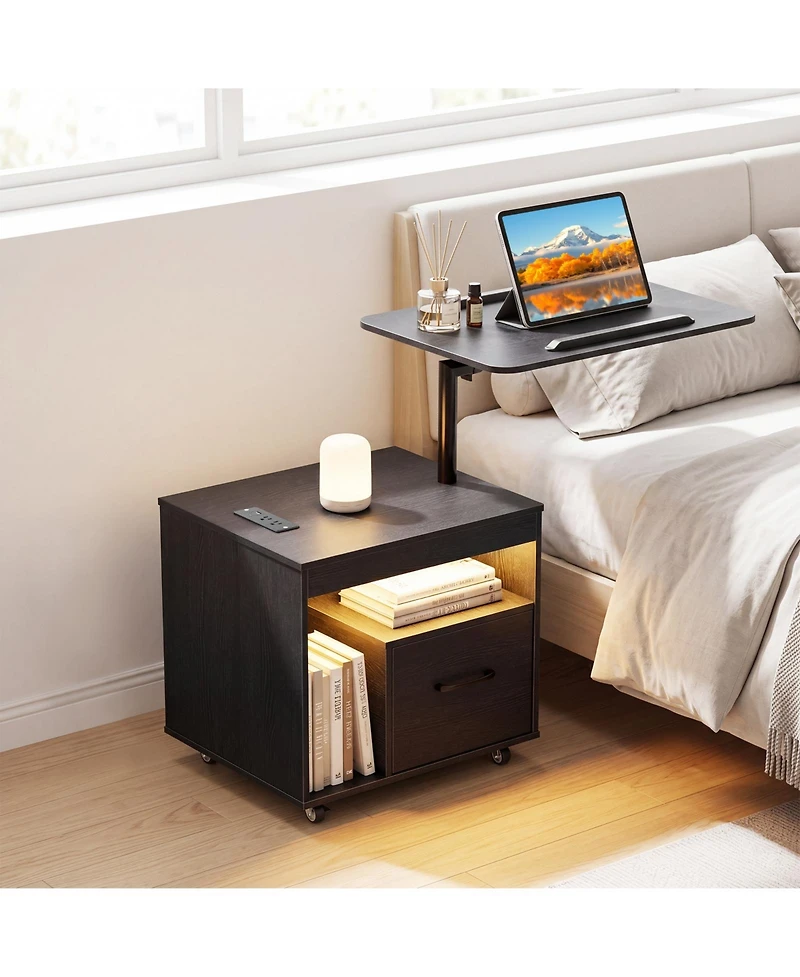 Costway Nightstand with Power Outlets,Modern Bedside Table Flip overandRotatable Tabletop