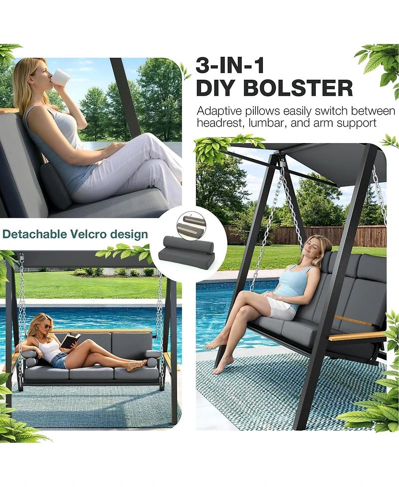 Pamapic 3 Person Porch Swing with Thick Cushions, Adaptive Pillow and Adjustable Canopy
