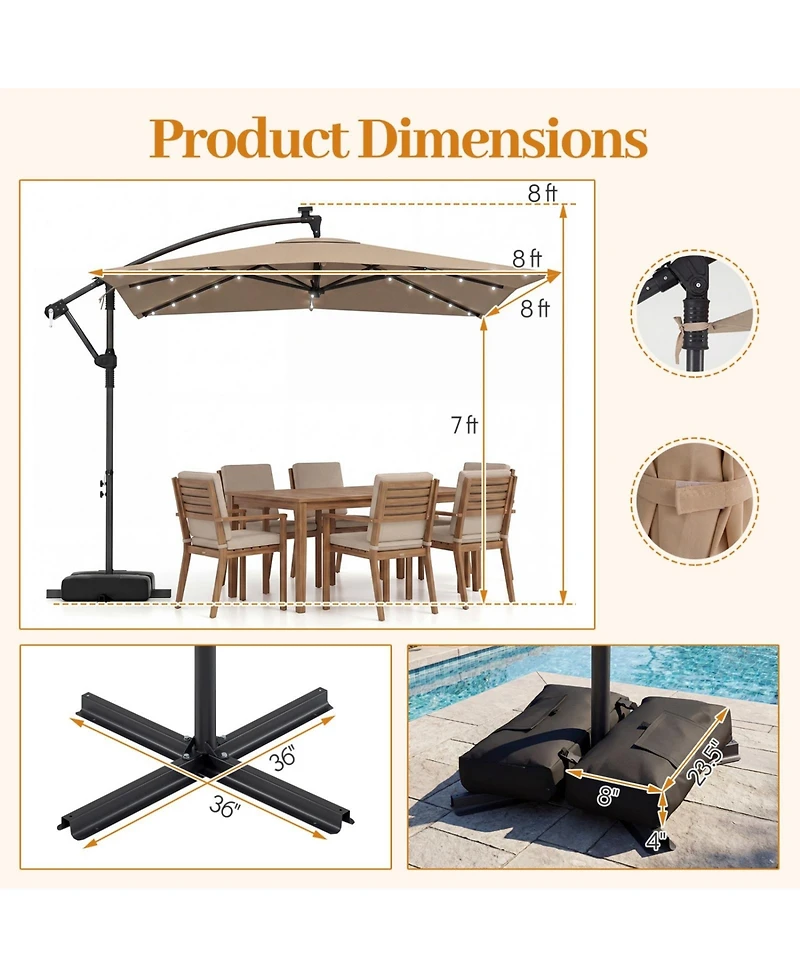 Sugift 8x8 Feet Solar Led Offset Cantilever Square Patio Umbrella with 360 Rotation