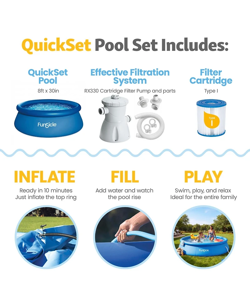 Funsicle 8' x 30" QuickSet Inflatable Ring Top Outdoor Above Ground Pool With Pump