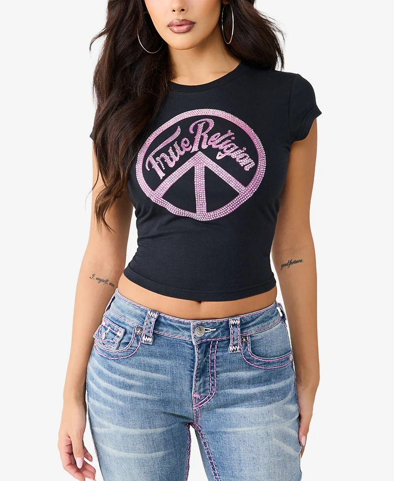 True Religion Women's Crystal Peace Sign Baby T-Shirt