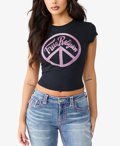True Religion Women's Crystal Peace Sign Baby T-Shirt