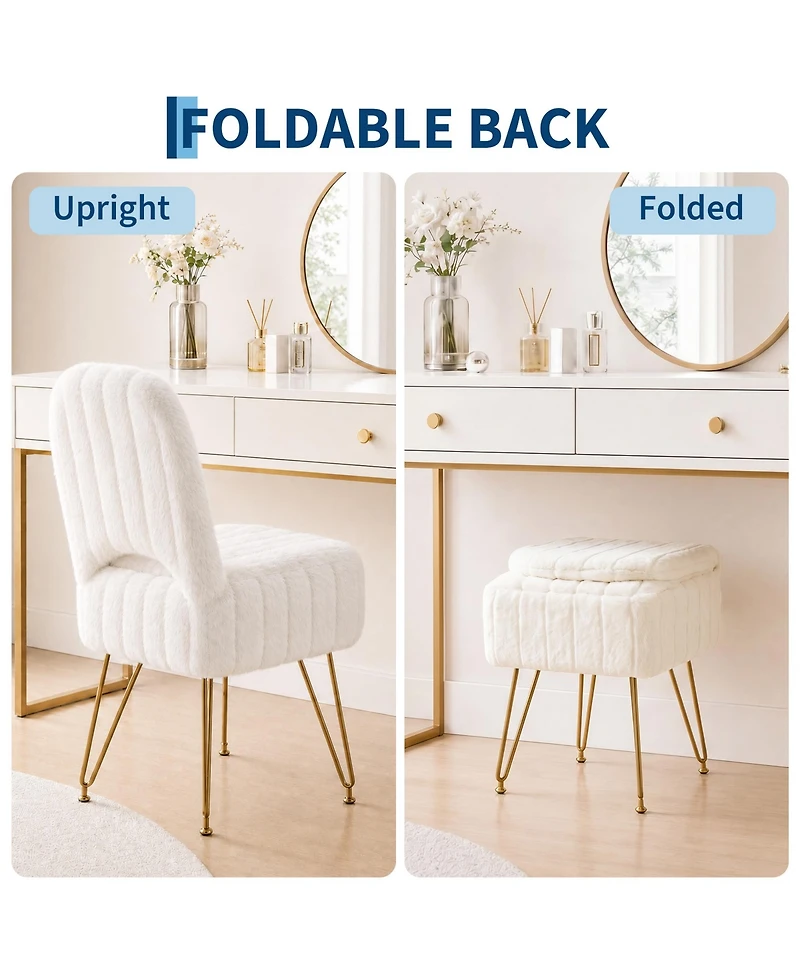 homfan Vanity Stool with Backrest – Modern Rabbit Fur Ottoman with Hidden Storage, Large Square Bench, 280 lbs Capacity, Folding Backrest