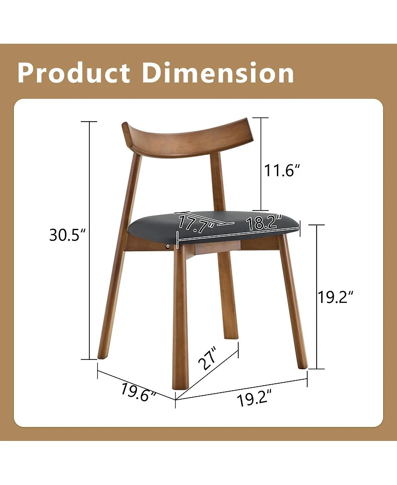 Streamdale Furniture 2 Walnut Solid Wood Dining Chairs with Pu Cushions and Curved Backrests