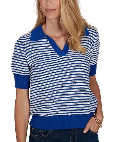Ruby Rd. Petite Two-Tone Collared Elbow-Sleeve Sweater