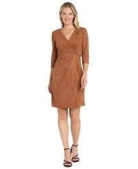 R & M Richards Women's Suede 3/4-Sleeve Faux Wrap Dress