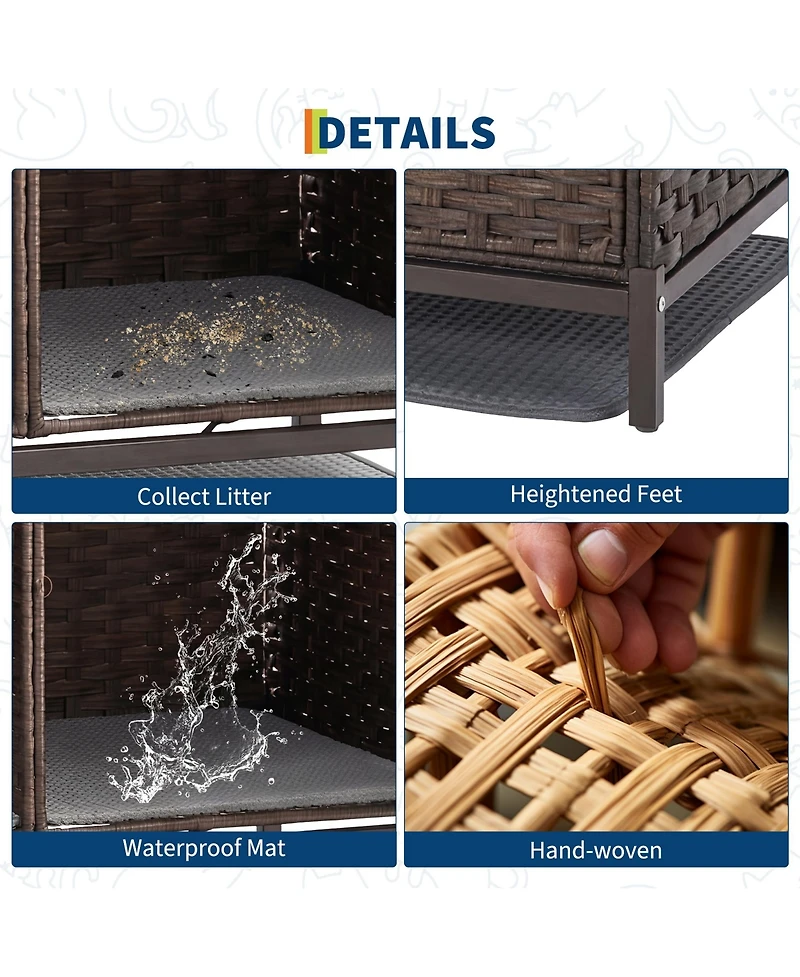 homfan Rattan Cat Litter Box Enclosure – Handwoven Hidden Washroom Cabinet with Door, Mat and S-Hooks, Spacious Dual-Room Furniture