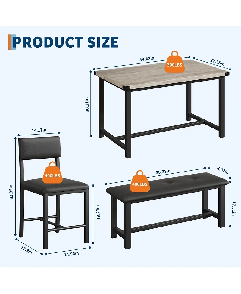 homfan Dining Table for 4, Kitchen Table with Upholstered Bench, Space-Saving Table for Apartment, Industrial Wood and Metal Room Table, Easy Clean
