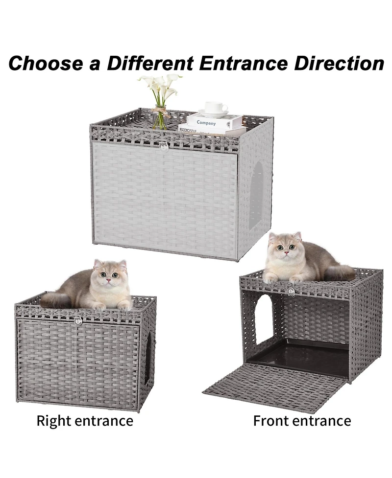 homfan Rattan Cat Litter Box Cabinet – Large Hidden Enclosure with Mat and Barrier, Handwoven Boho Style Furniture with Lightweight Metal Frame