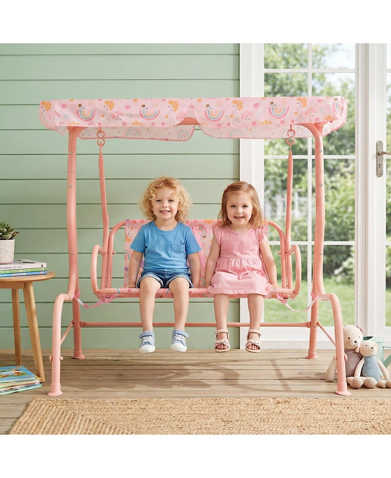 Costway Kids Patio Swing,2-Seater Outdoor Porch Swing Lounge Chair with Adjustable Canopy