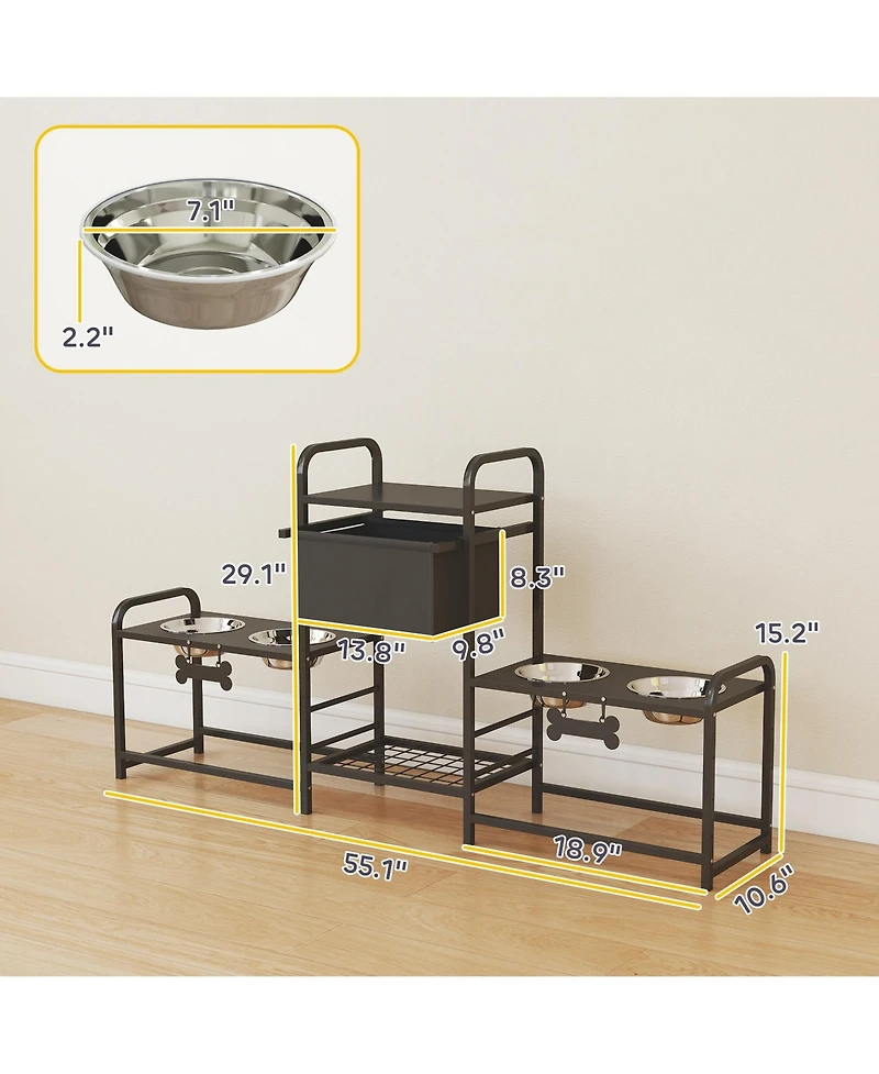 Ruie Height Adjustable Dog Bowl Stand with Two Feeding Stations and Toy Bin Basket
