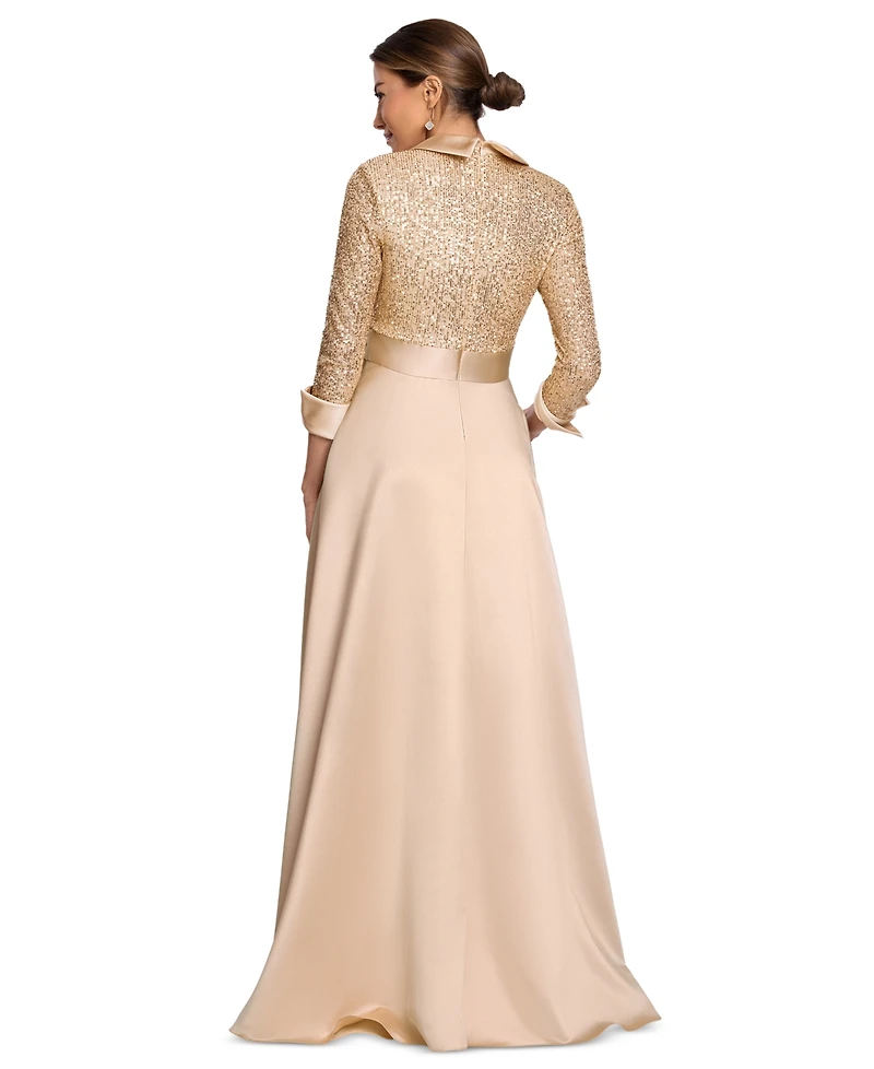 Xscape Women's Sequined Tuxedo Belted Ball Gown