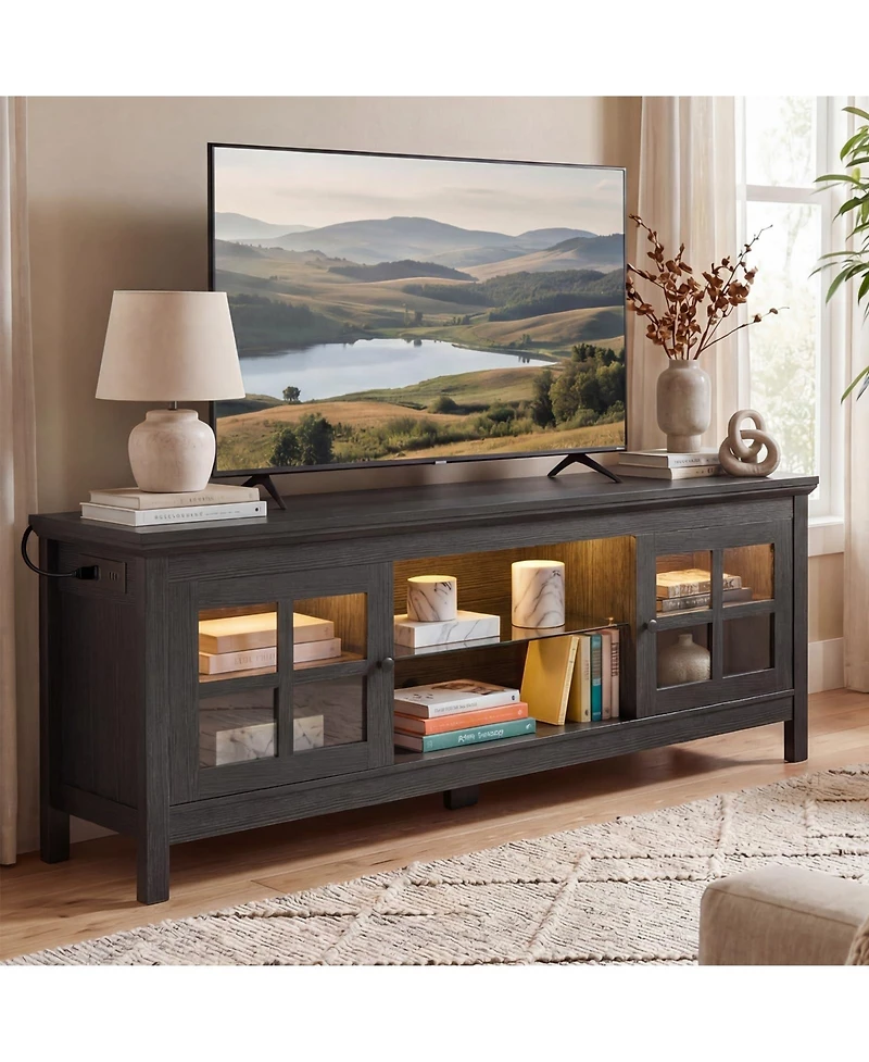 Aheaplus 55" Tv Stand with Charging Station and Led Lights, Glass Display Cabinet Shelves