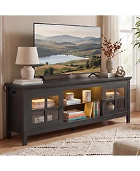 Aheaplus 55" Tv Stand with Charging Station and Led Lights, Glass Display Cabinet Shelves