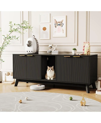 homfan Wooden Cat Litter Box Enclosure – 59" Dual-Room Hidden Furniture with Mat, Indoor Pet House, Tv Stand Side Table, for 2 Cats