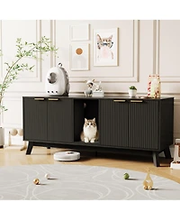 homfan Wooden Cat Litter Box Enclosure – 59" Dual-Room Hidden Furniture with Mat, Indoor Pet House, Tv Stand Side Table, for 2 Cats