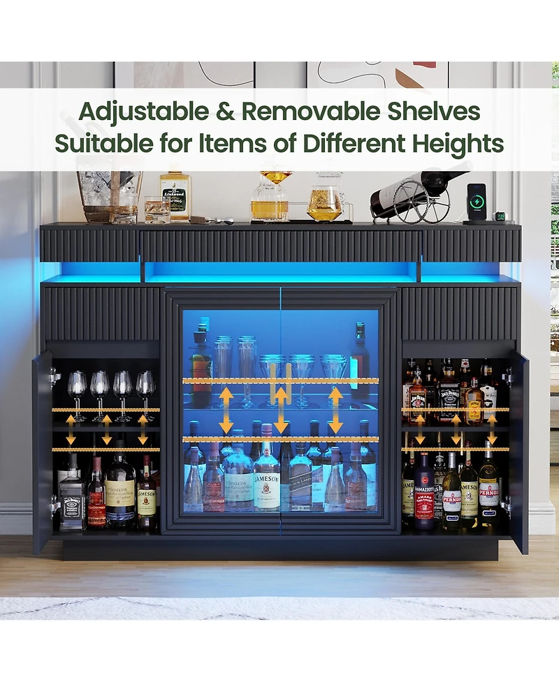 Vlsrka 47.24" Modern Sideboard Cabinet with Led Lights, Glass Doors and Usb Charging