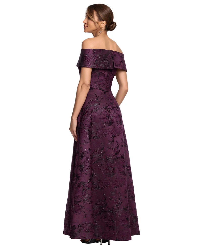 Xscape Petite Off-the-Shoulder Metallic Brocade A-Line Gown